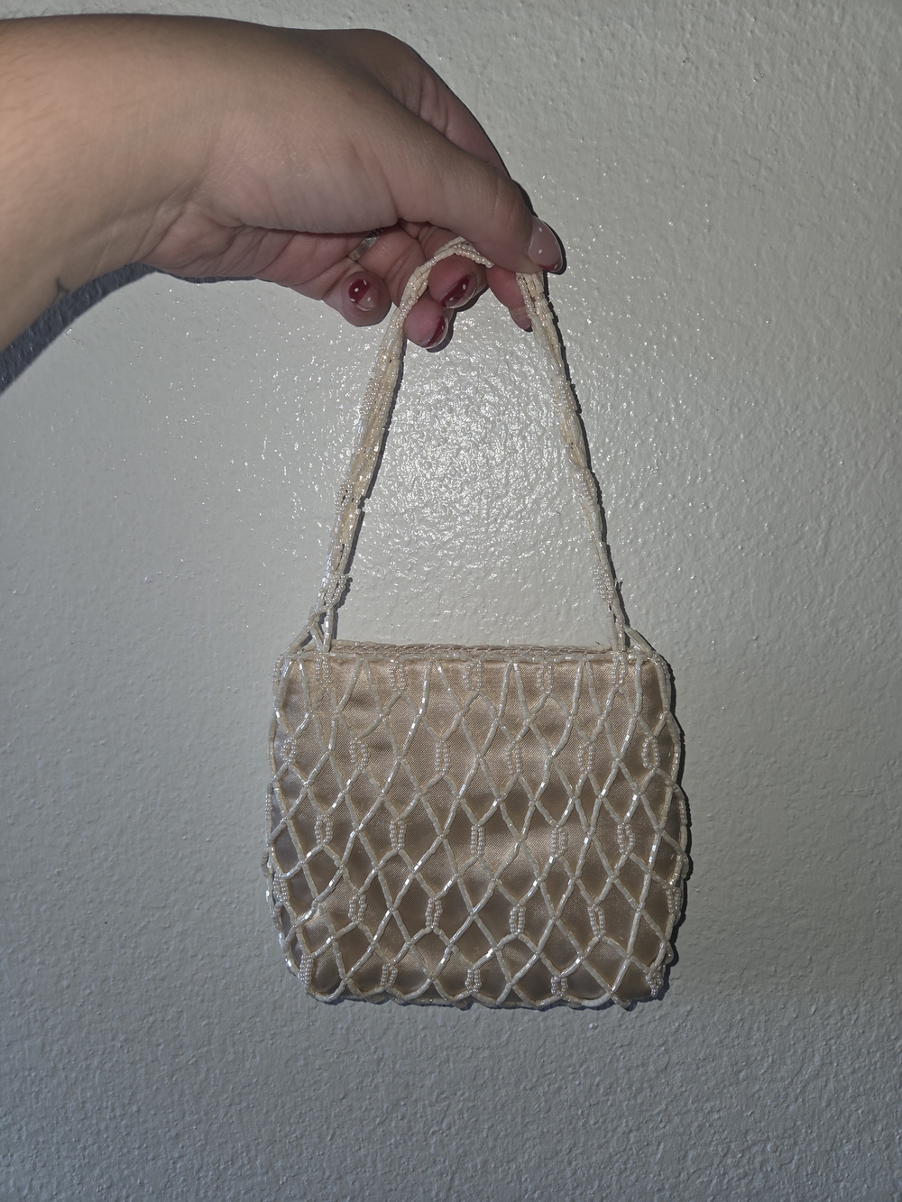 Vintage Beaded Net Evening Bag in Cream